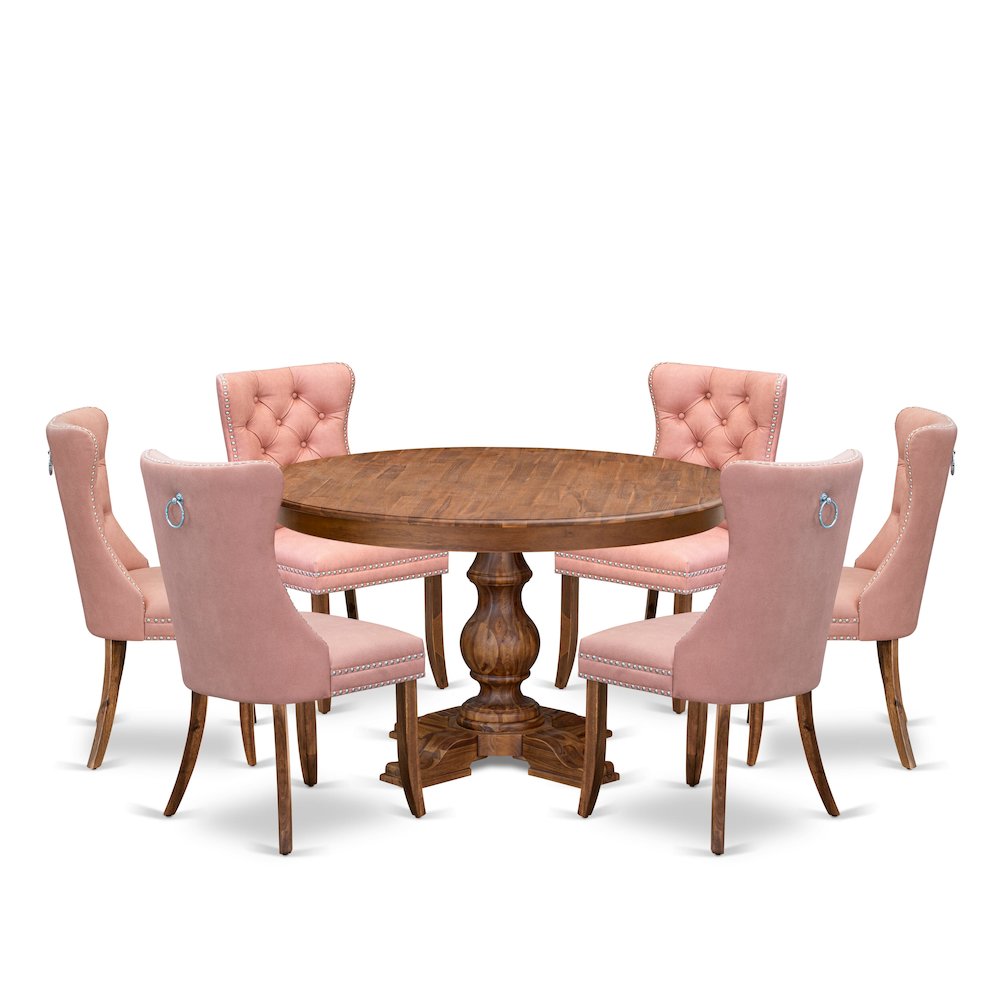 7-Pc Dining Room Set Include A Table And 6 Beige Red Upholstered Dining Chairs. Picture 1