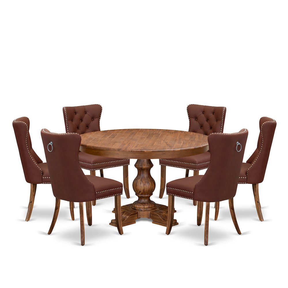 7-Pc Mid Century Dining Set Include A Dining Table And 6 Burgundy Parsons Chairs. Picture 1