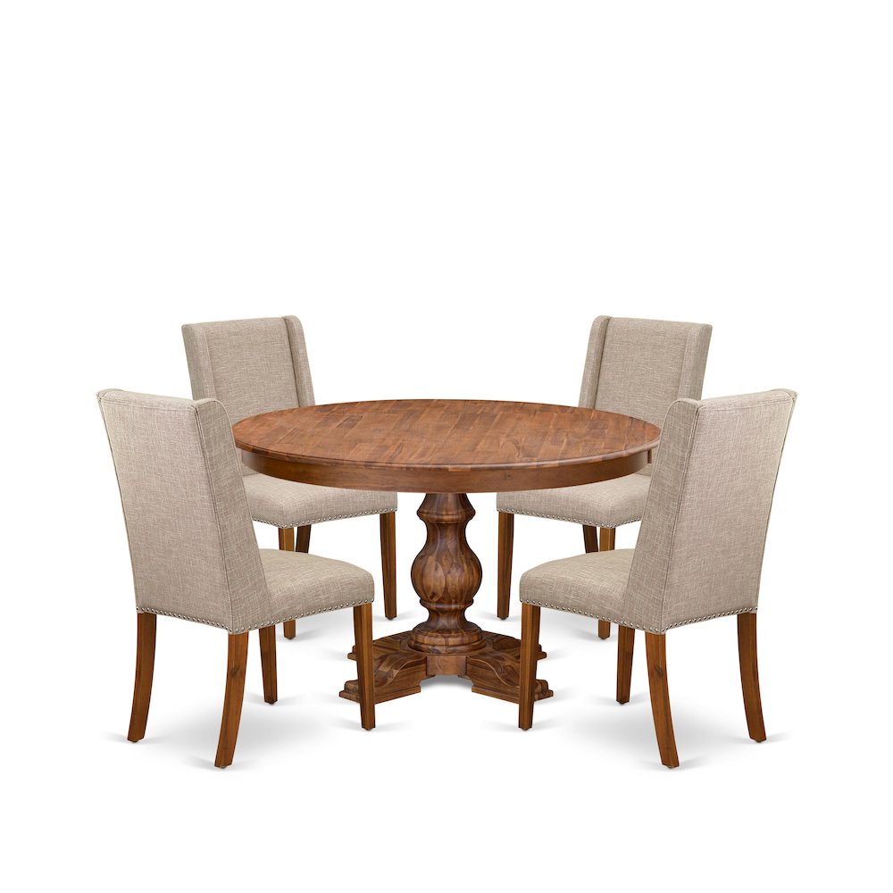 5-Piece Dining Room Set A Mid Century Table, 4 Light Tan Fabric Kitchen Chairs. Picture 1