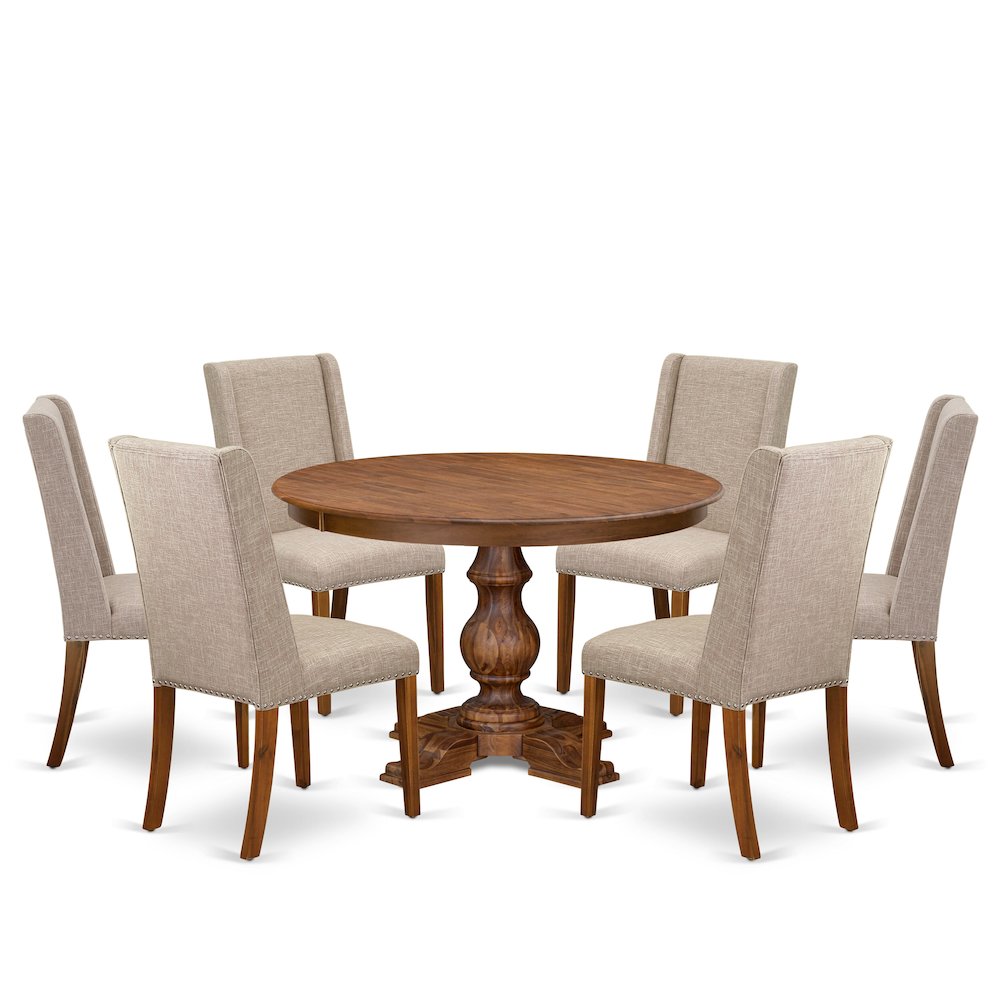 7-Piece Modern Dining Table And 6 Light Tan Linen Fabric Dinner Chairs. Picture 1