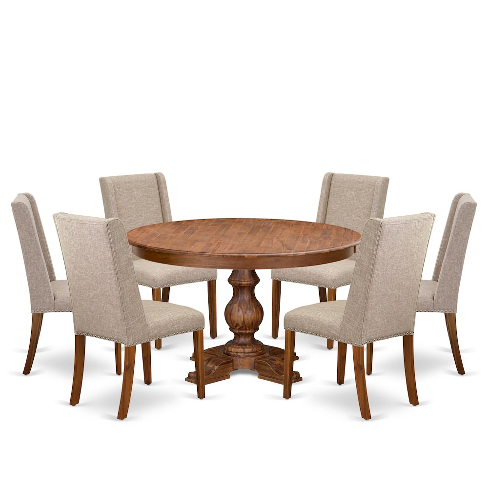 7-Piece Kitchen Table A Wood Table And 6 Light Tan Linen Fabric Dinner Chair. Picture 1