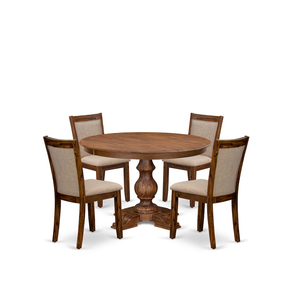 5-Pc Kitchen Set A Pedestal Dining Table, 4 Light Tan Linen Fabric Parson Chairs. Picture 1