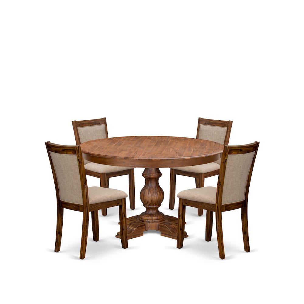 5-Pc Dining Set Of A Pedestal Kitchen Table, 4 Light Tan Fabric Kitchen Chairs. Picture 1