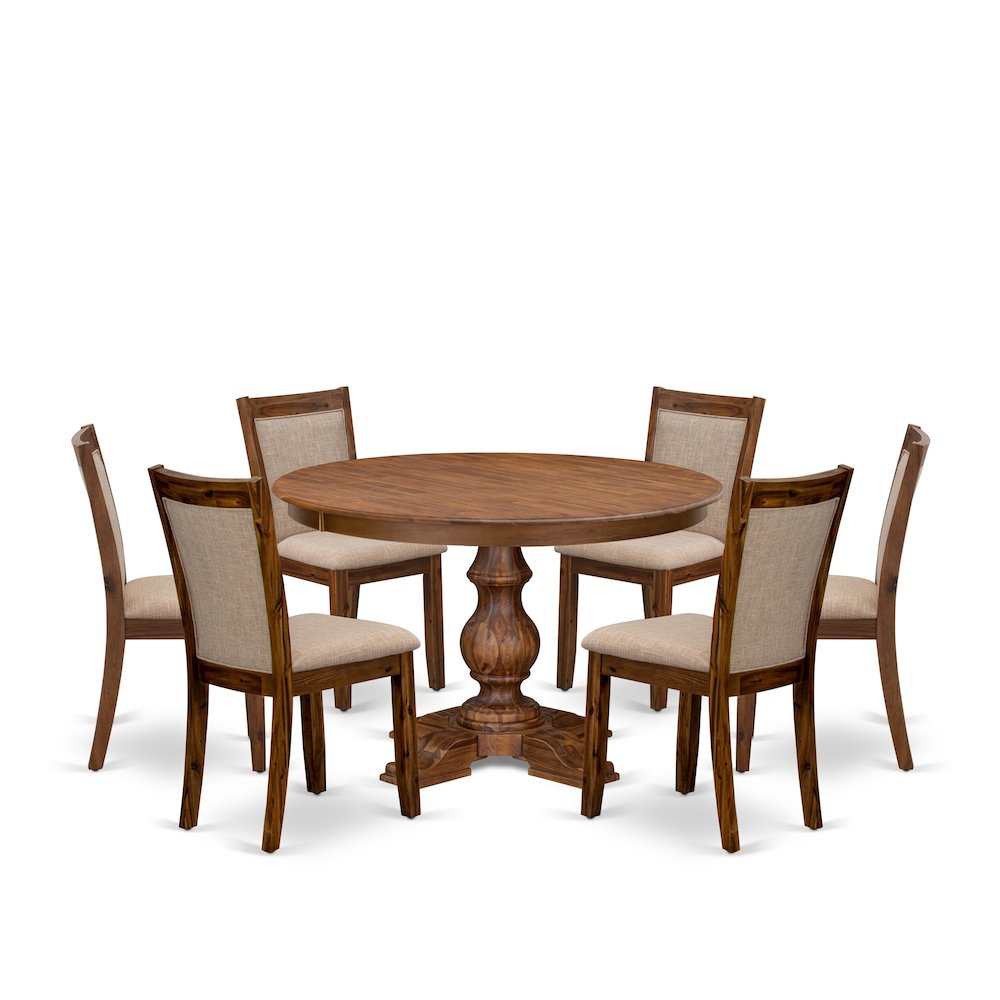 7-Pc Dining Set Of A Pedestal Dinner Table, 6 Light Tan Fabric Padded Chairs. Picture 1