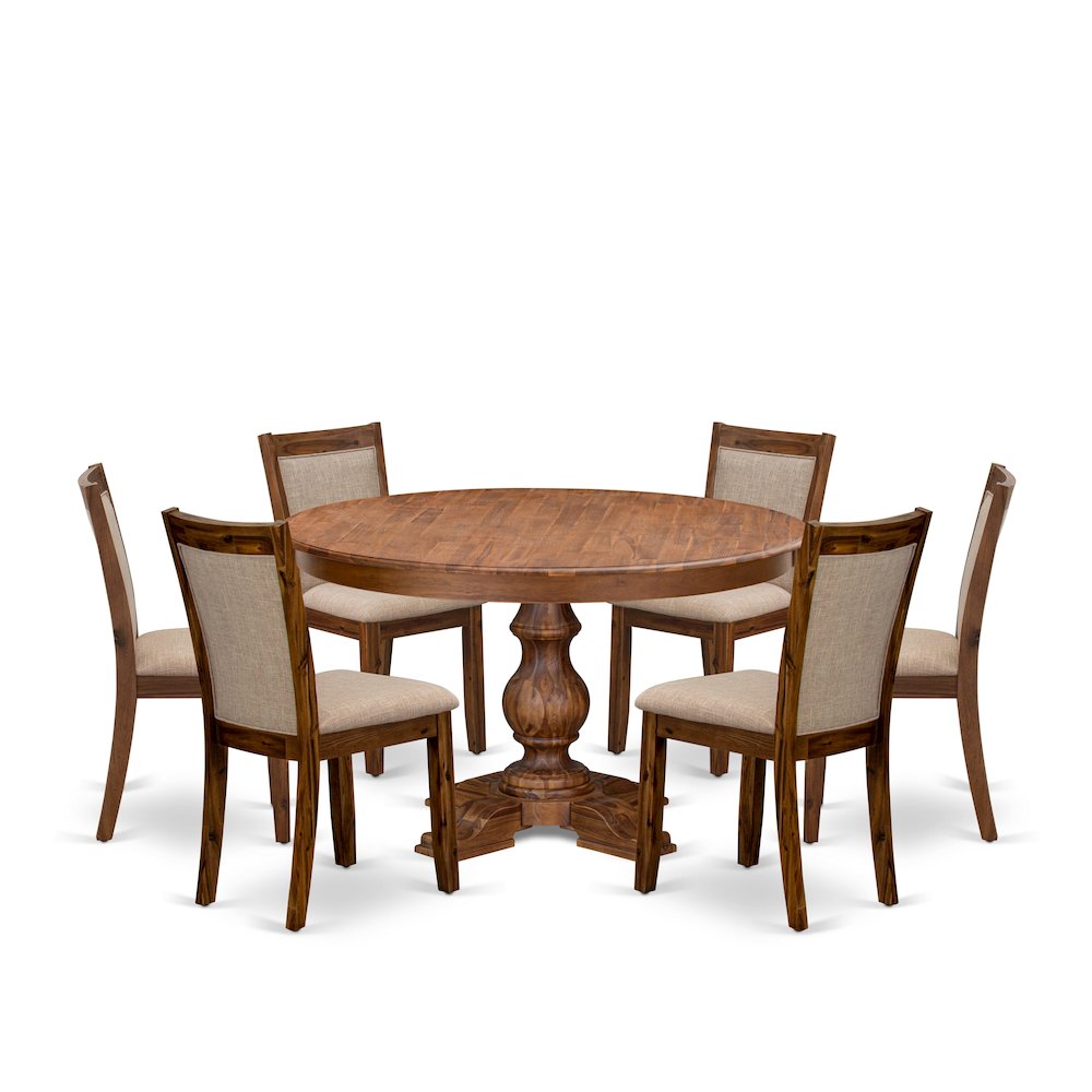 7-Pc Kitchen Table Set A Pedestal Breakfast Table, 6 Light Tan Fabric Chairs. Picture 1