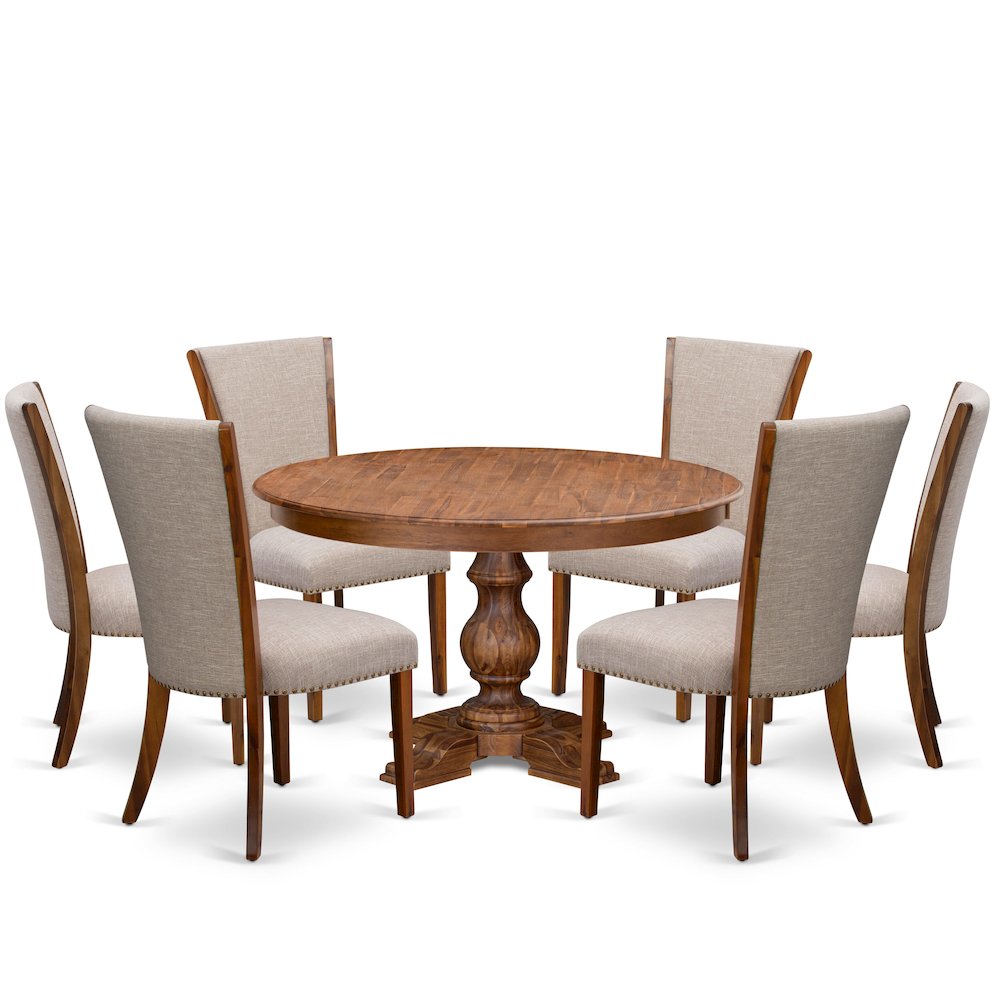 7 Piece Dinette Set Consists Of 54" Round Dining Table In Light Tan Color. Picture 1