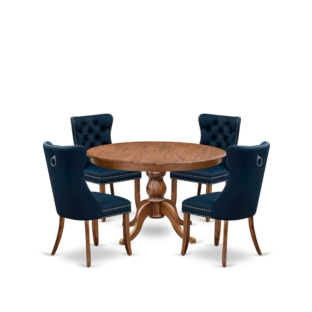 5-Piece Dining Set, Including 4 Navy Blue Faux Leather Kitchen Chairs. Picture 1
