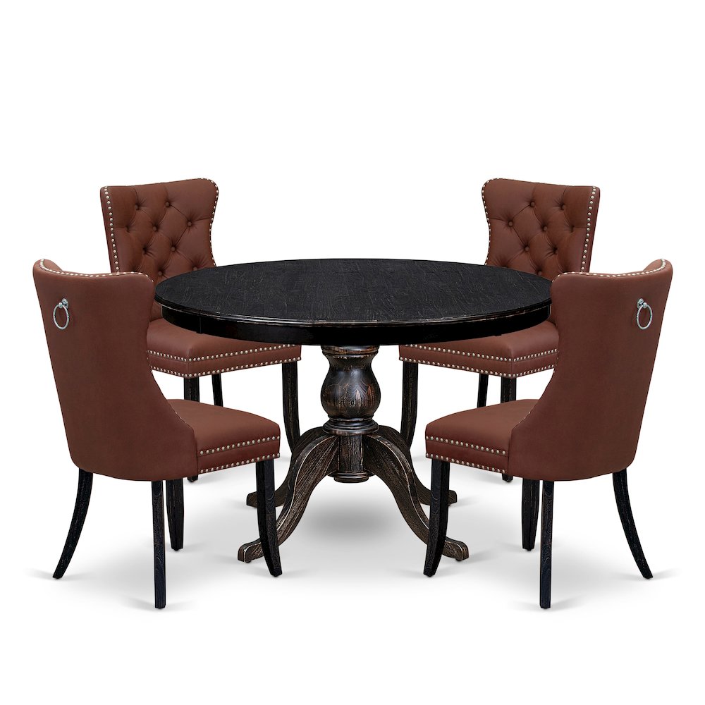 5 Piece Dining Table Set Consists Of 48" Round Table In Burgandy Color. Picture 1