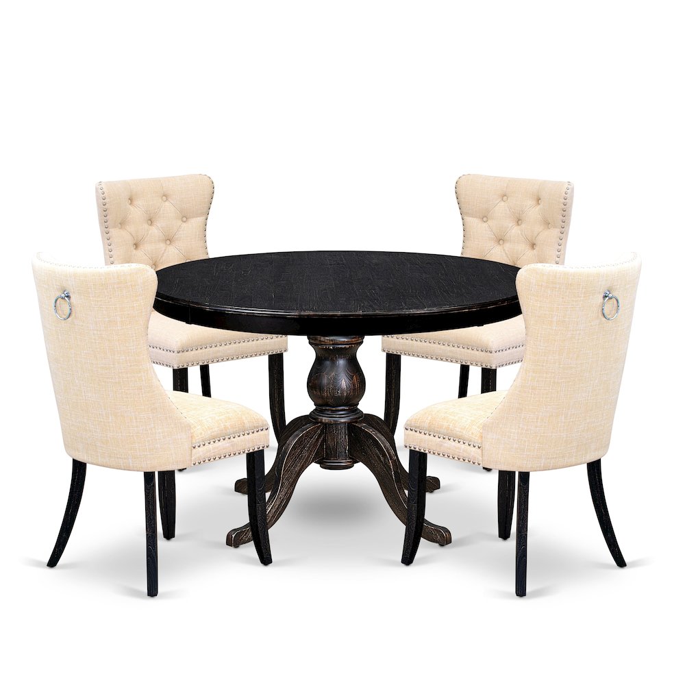 5-Pc Dining Rom Set A Modern Table, 4 Light Beige Linen Fabric Dining Chairs. Picture 1