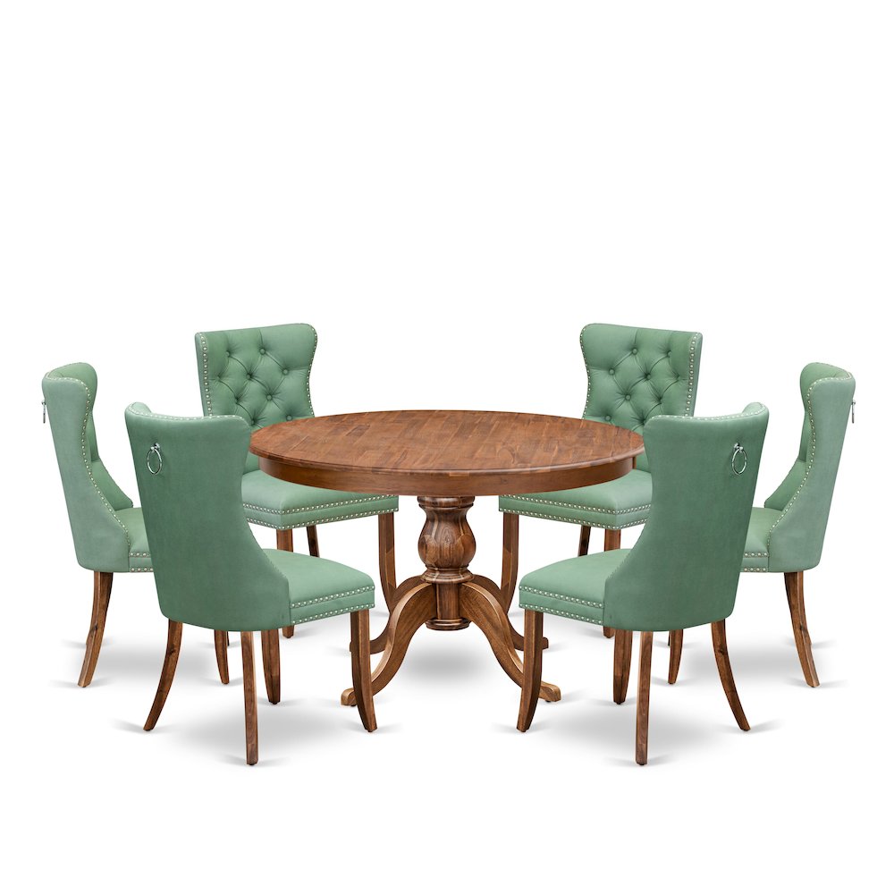 7-Pc Dining Set Contain A Mid Century Dining Table And 6 Willow Green Chairs. Picture 1