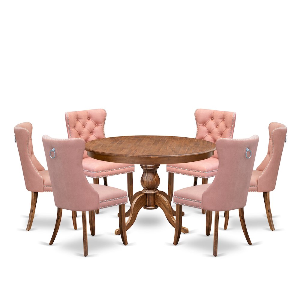 7-Pc Dining Room Table Set Contain A Mid Century Table And 6 Beige Red Chairs. Picture 1