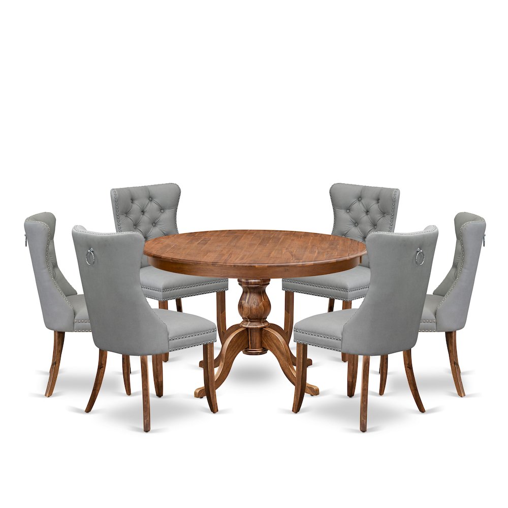 7-Pc Mid Century Dining Set Contain A Table And 6 Light Gray Upholstered Chairs. Picture 1