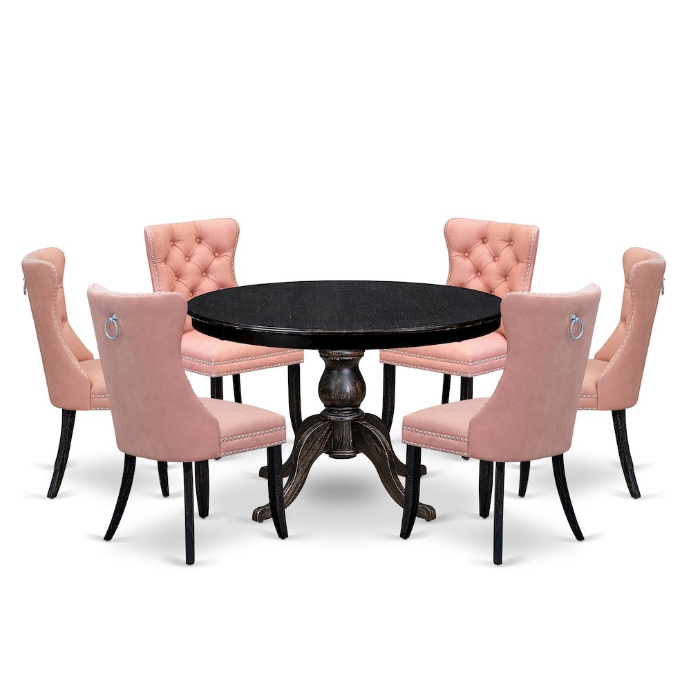 7 Piece Dining Set Contains 48" Round Kitchen Table In Beige Red Color. Picture 1