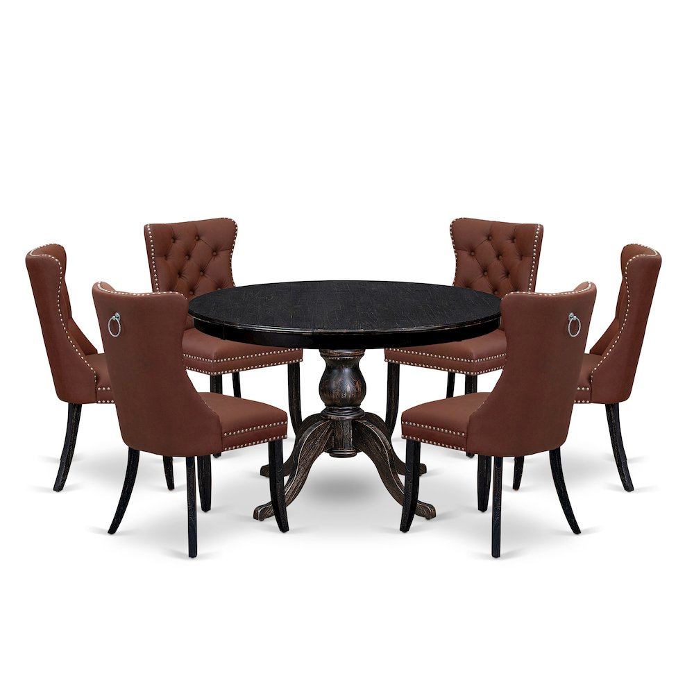 7 Piece Dining Table Set Contains 48" Round Table In Burgandy Color. Picture 1