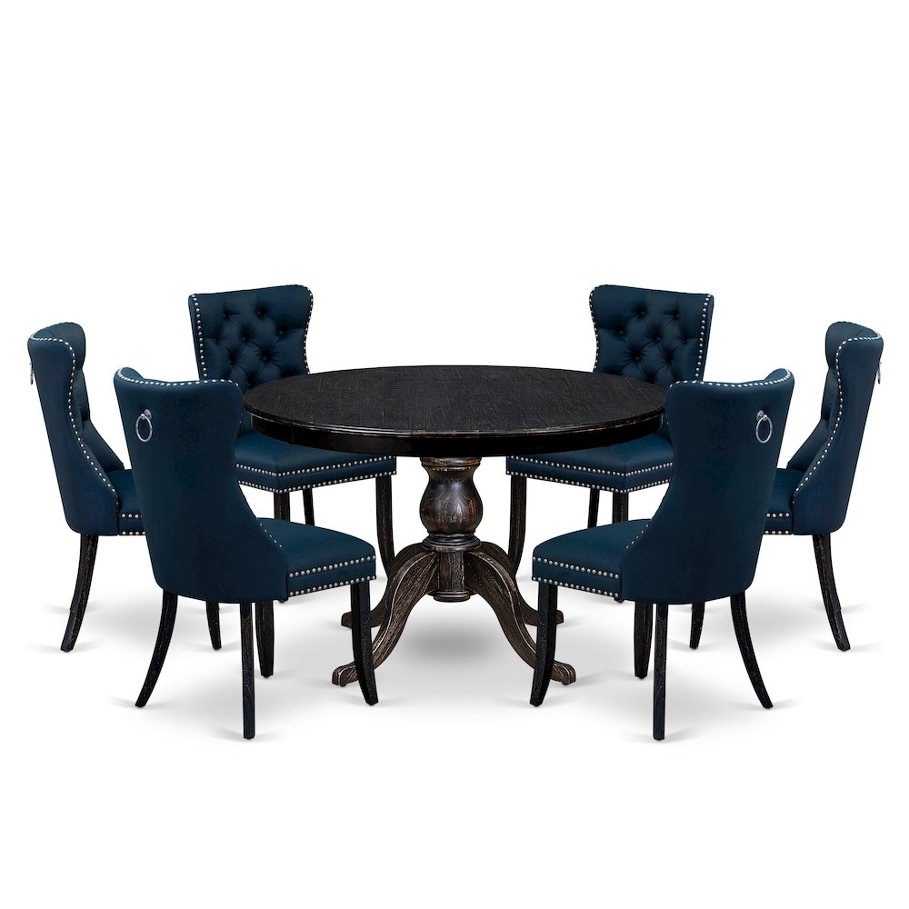 7 Piece Dining Table Set Consists Of 48" Round Table In Navy Blue Color. Picture 1