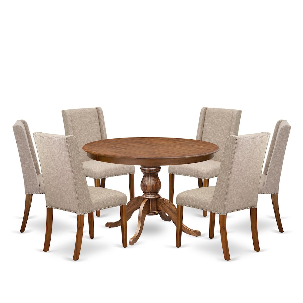 7-Piece Dinette Set A Mid Century Dining Table, 6 Light Tan Fabric Kitchen Chair. Picture 1