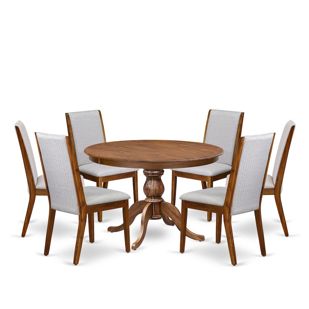 7-Piece Dining Table Set A Mid Century Dining Table, 6 Grey Fabric Dining Chairs. Picture 1