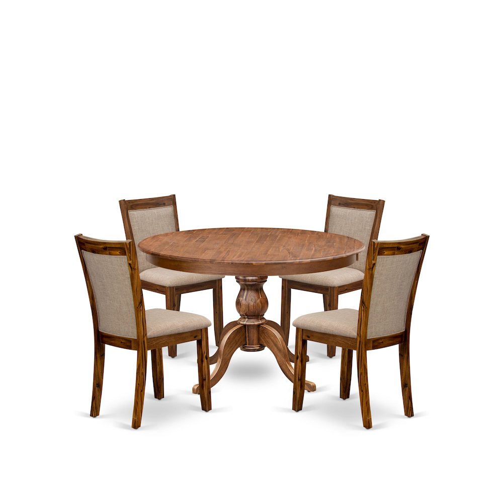 5-Pc Kitchen Table Set A Pedestal Wooden Table, 4 Light Tan Fabric Dining Chairs. Picture 1