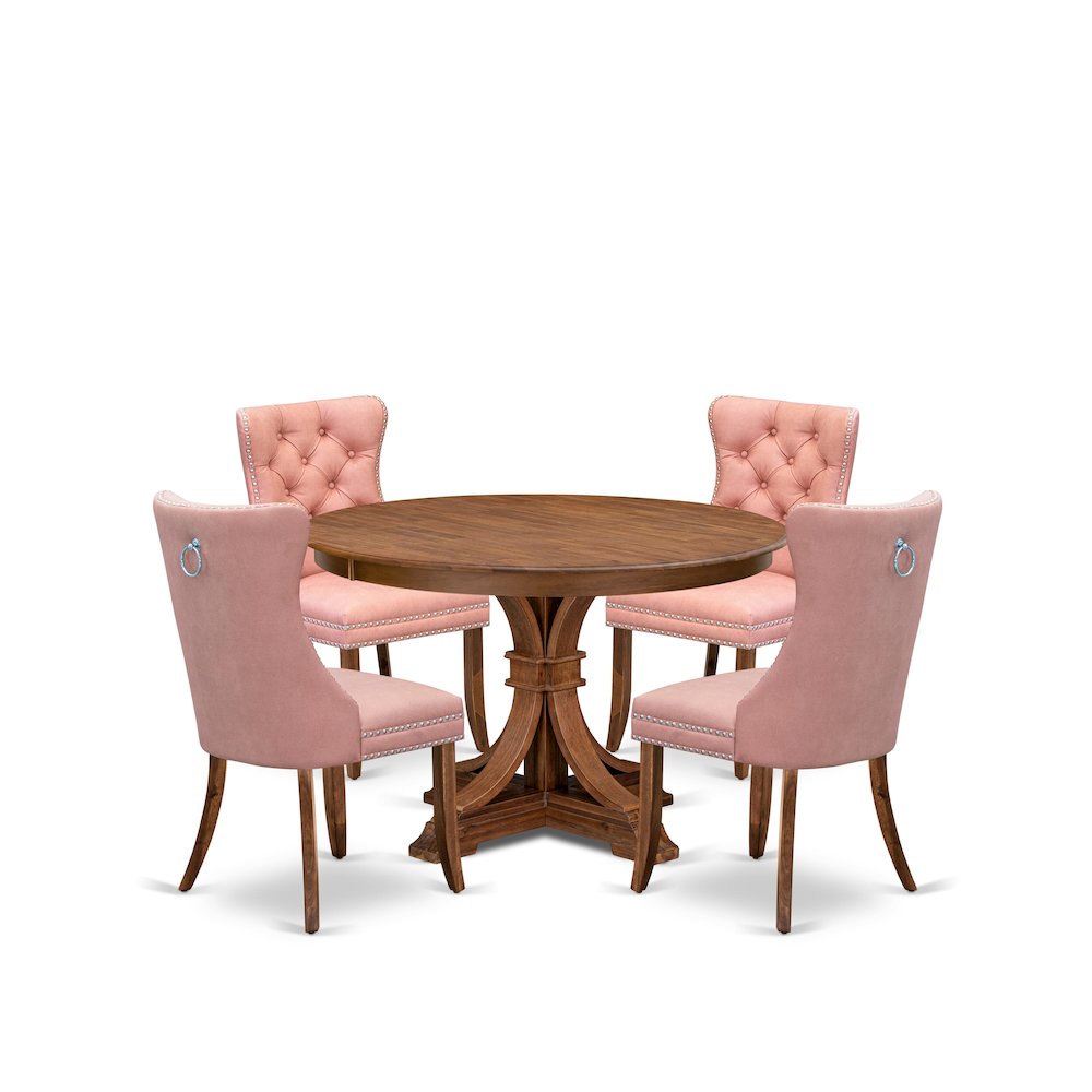 5-Pc Kitchen Table Set Include A Wooden Table And 4 Beige Red Padded Chairs. Picture 1
