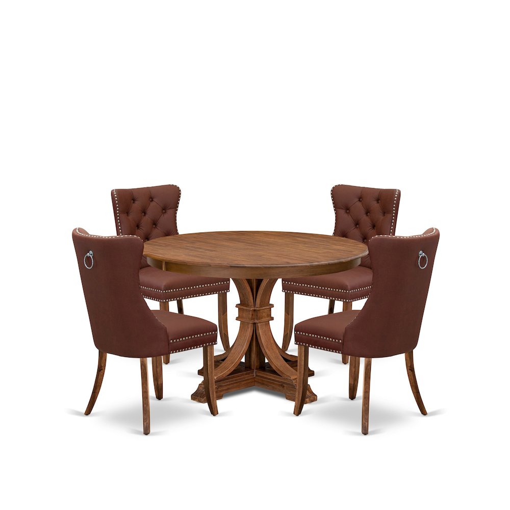 5-Pc Modern Table Set Include A Wooden Table And 4 Burgundy Upholstered Chairs. Picture 1