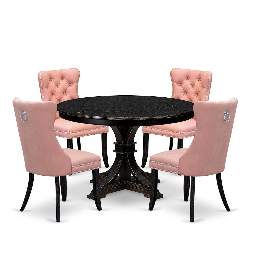 5 Piece Dining Set For 4 Includes 48" Round Table In Beige Red Color. Picture 1