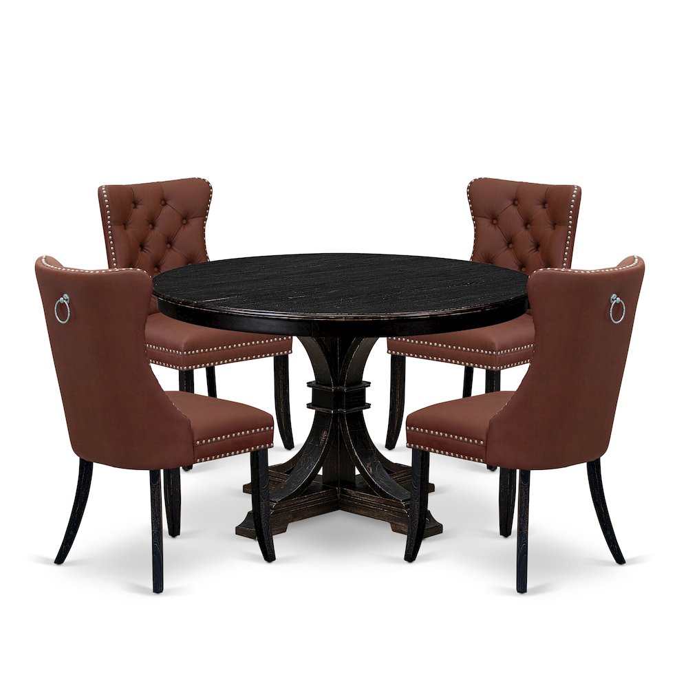 5 Piece Dining Table Set Includes 48" Round Table In Burgandy Color. Picture 1