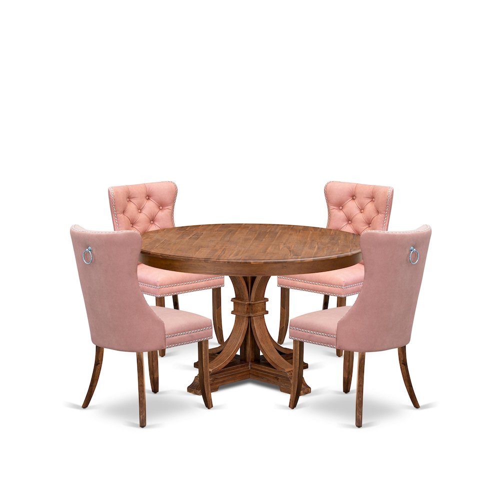5-Pc Dining Table Set Consist A Kitchen Table And 4 Beige Red Padded Chairs. Picture 1