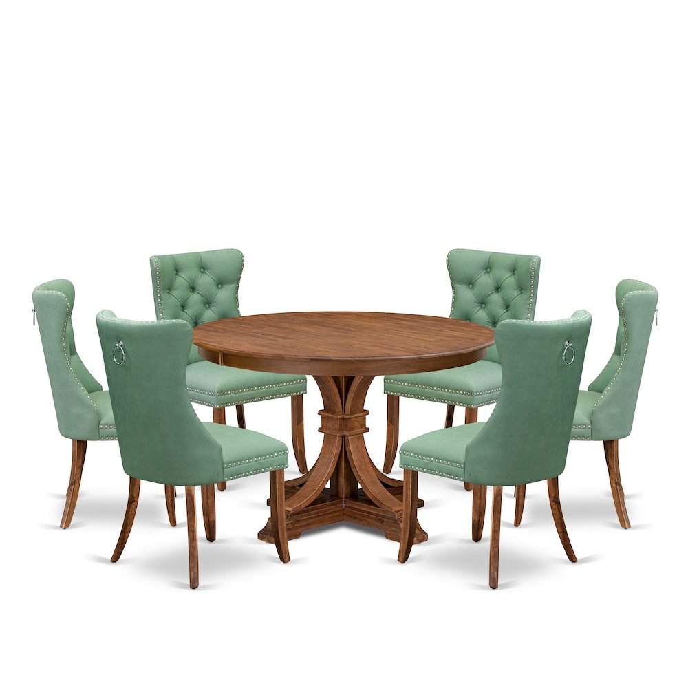 7-Pc Dinner Set Consist A Mid Century Dining Table And 6 Willow Green Chairs. Picture 1
