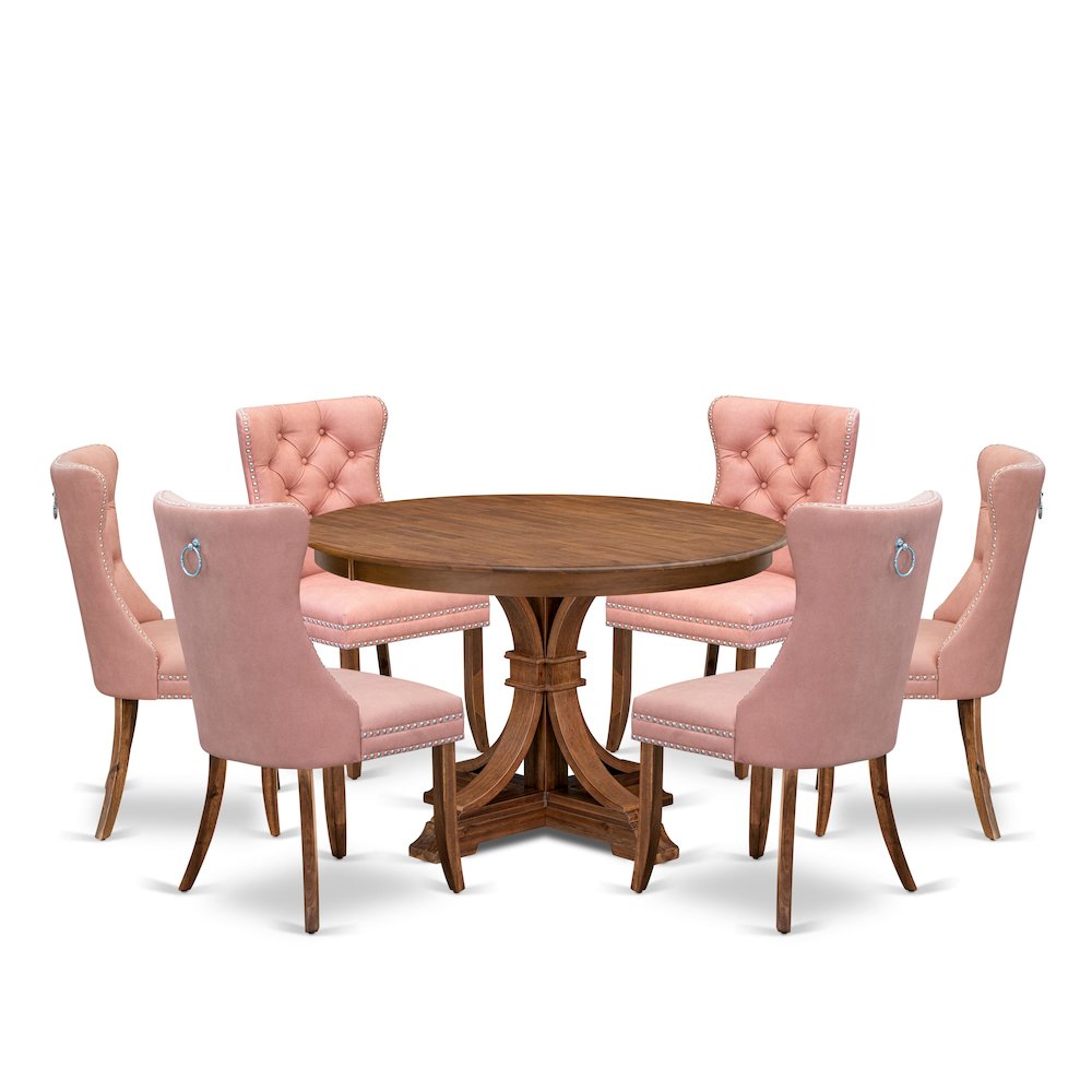 7-Pc Dining Set Consist A Mid Century Table And 6 Beige Red Upholstered Chairs. Picture 1