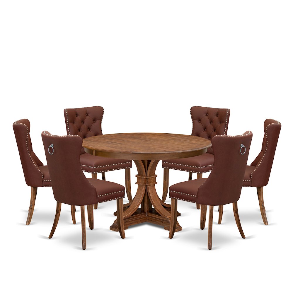 7-Pc Modern Set Consist A Mid Century Dining Table And 6 Burgundy Parson Chairs. Picture 1