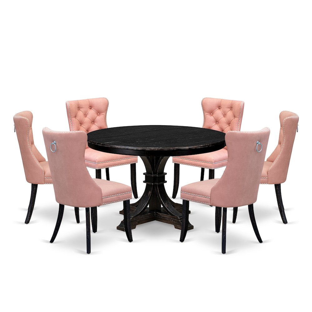 7 Piece Dining Set Consists Of 48" Round Table In Beige Red Color. Picture 1