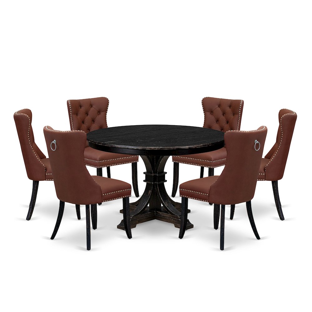 7 Piece Dining Table Set Consists Of 48" Round Table In Burgandy Color. Picture 1