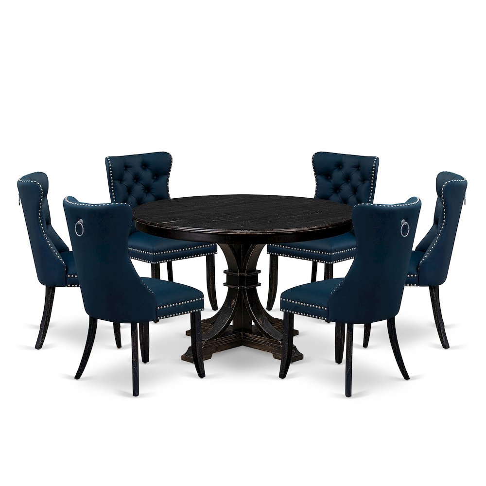 7 Piece Dining Table Set Includes 48" Round Table In Navy Blue Color. Picture 1