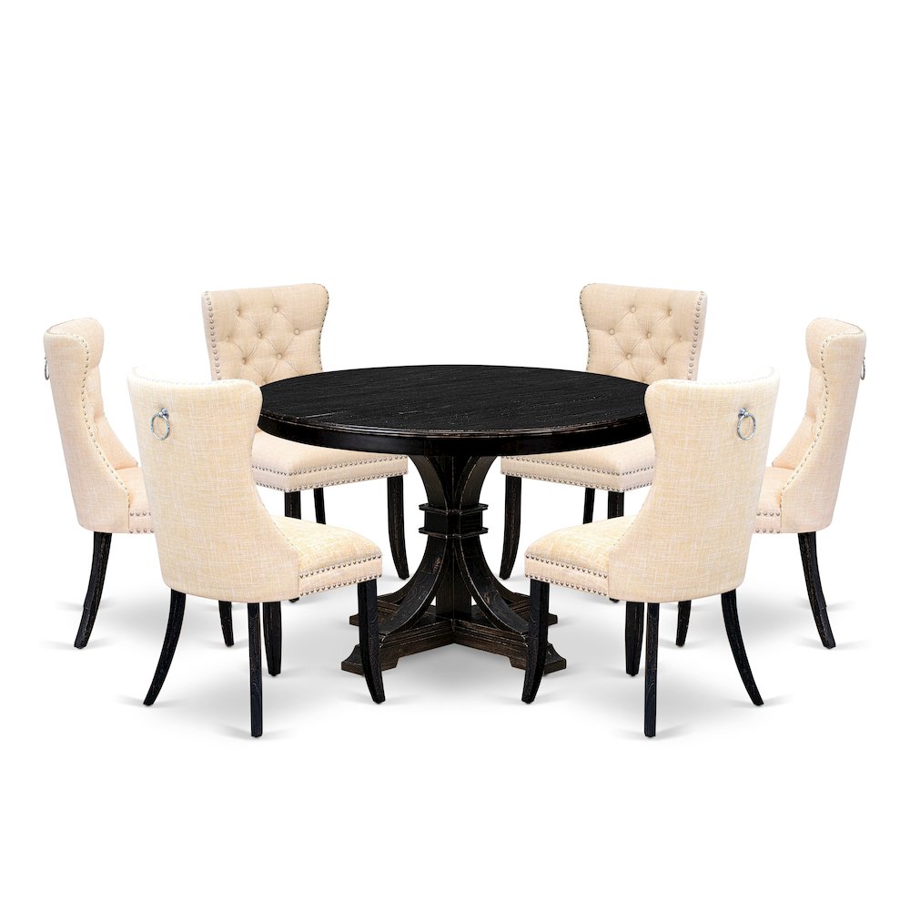 7-Piece Dining Set A Kitchen Table, 6 Light Beige Linen Fabric Dinning Chairs. Picture 1