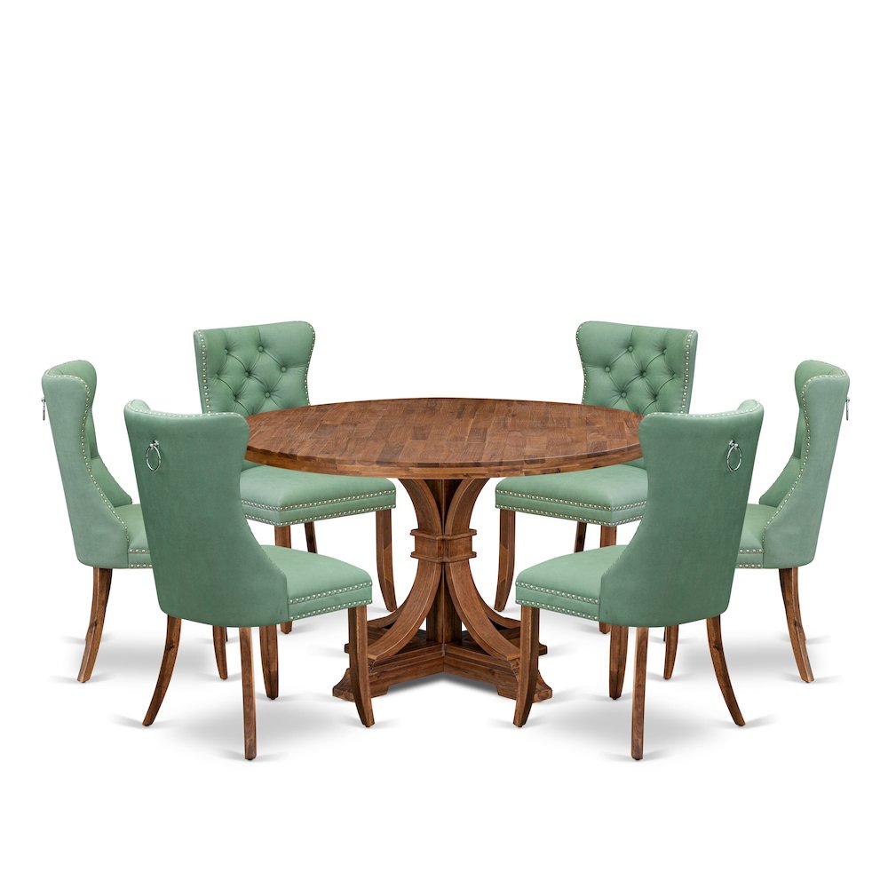 7-Pc Dining Set Contain A Dining Room Table, 6 Willow Green Upholstered Chairs. Picture 1