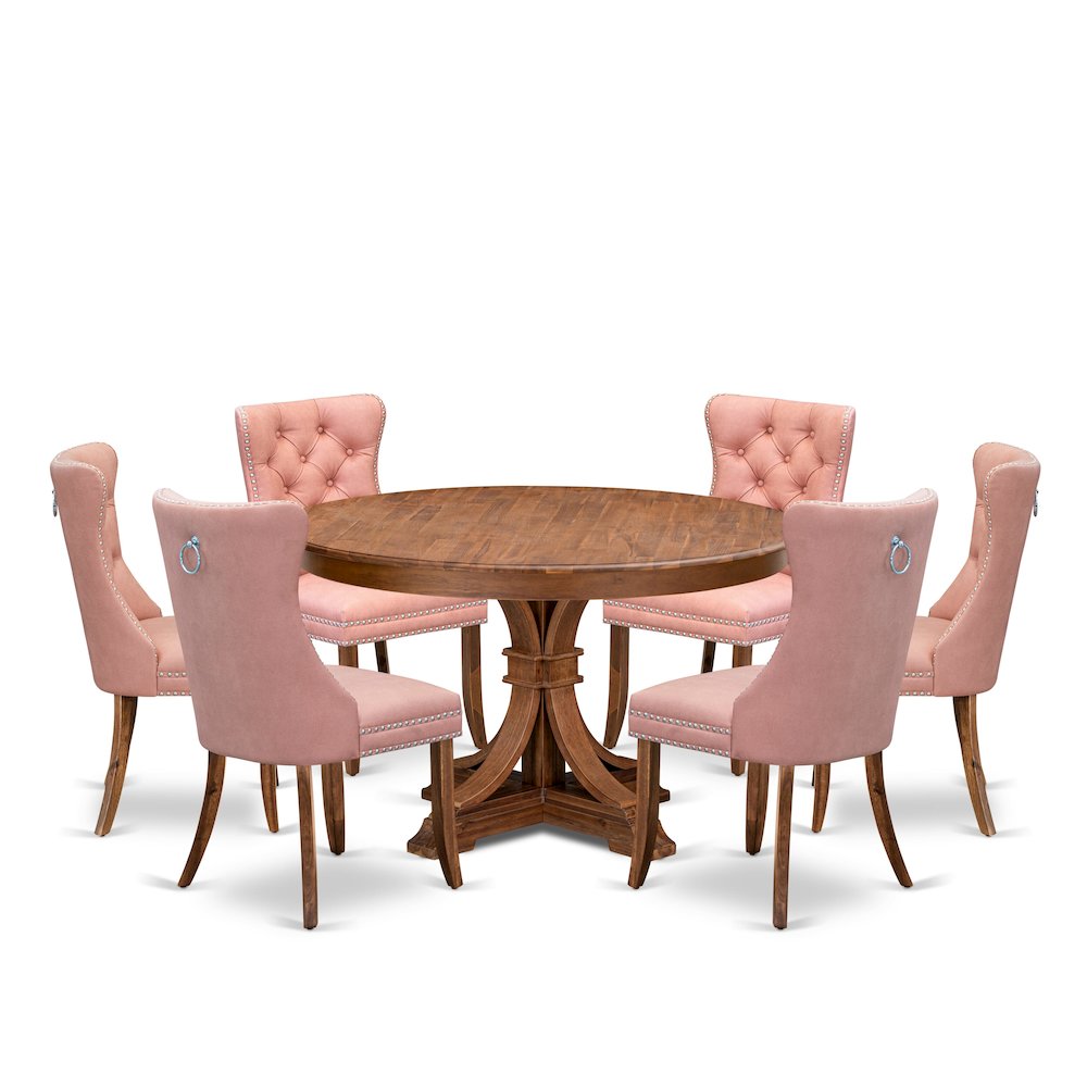 7-Pc Modern Dining Set Contain A Dining Table And 6 Beige Red Upholstered Chairs. Picture 1