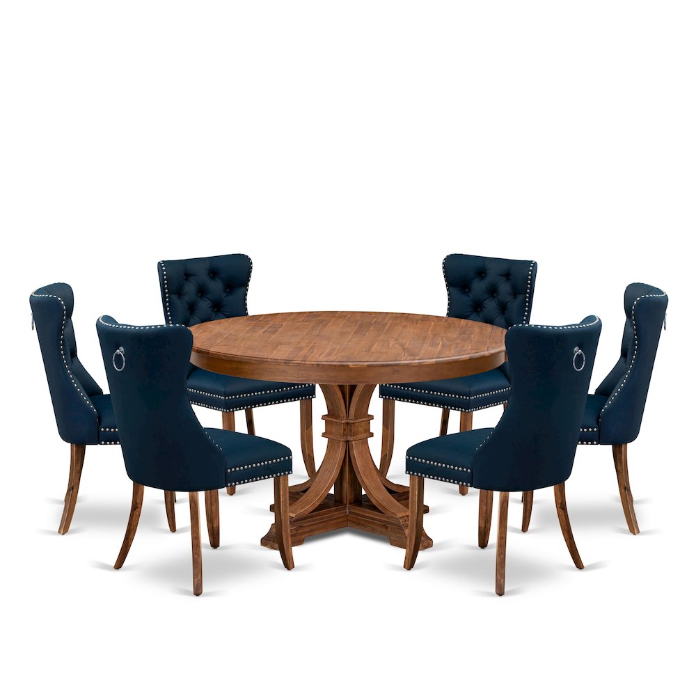 7-Pc Dining Room Set Contain A Dining Room Table And 6 Navy Blue Padded Chairs. Picture 1