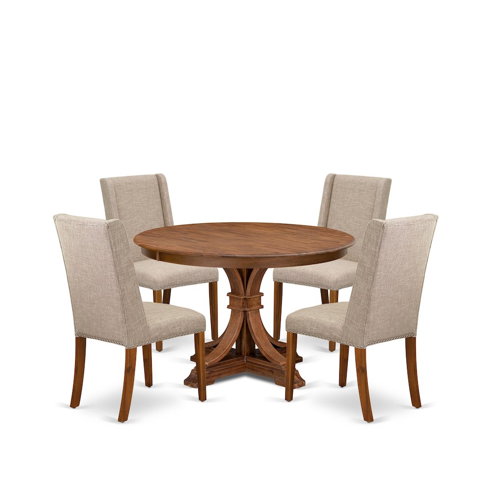 5-Piece Dining Room Table A Wooden Table, 4 Light Tan Linen Fabric Dining Chairs. Picture 1