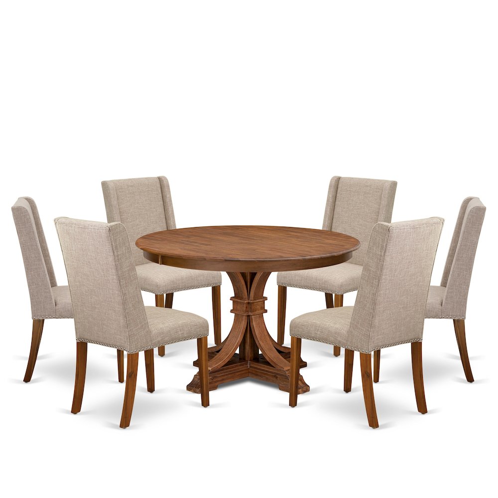7-Piece Dining Table Set Of A Dining Table, 6 Light Tan Fabric Dinning Chair. Picture 1