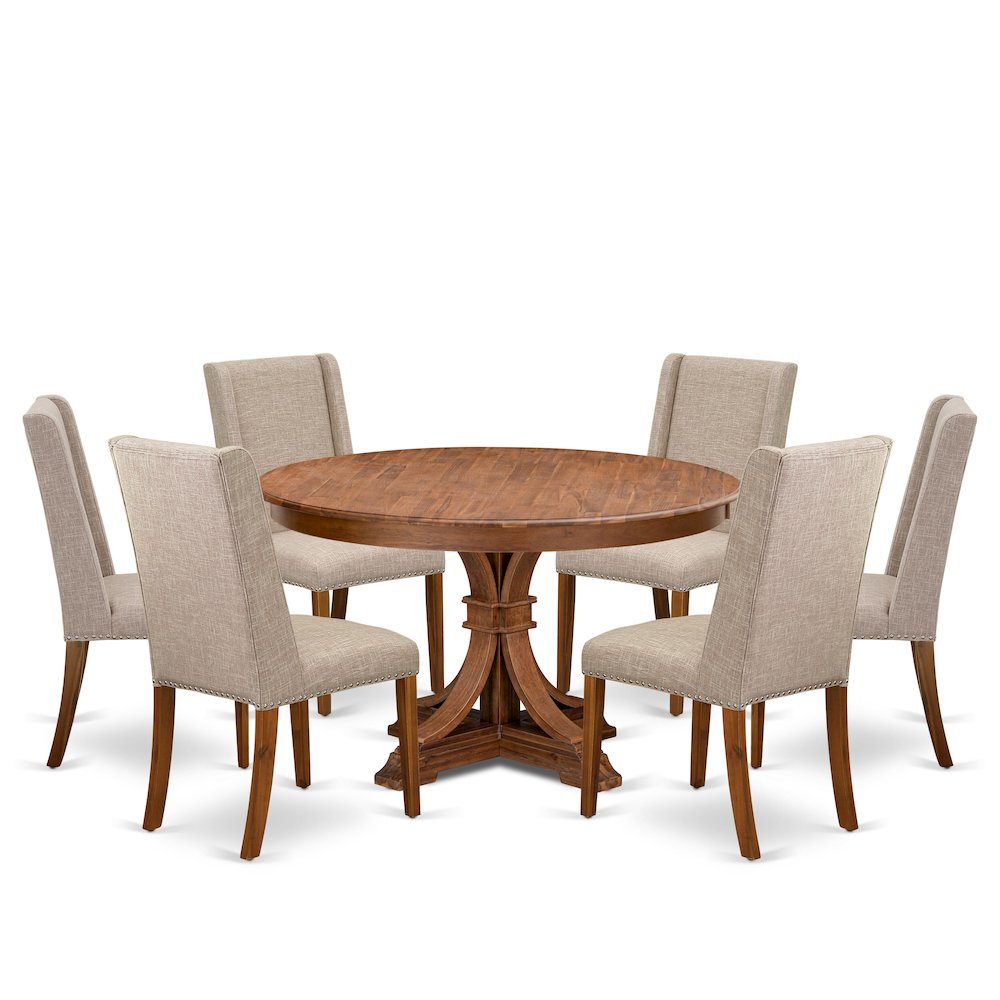 7-Pc Modern Dining Set A Dining Room Table, 6 Light Tan Upholstered Chairs. Picture 1