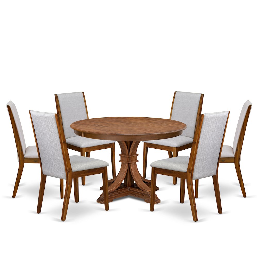 7-Piece Dining Room Set A Modern Table, 6 Grey Linen Fabric Dining Chairs. Picture 1