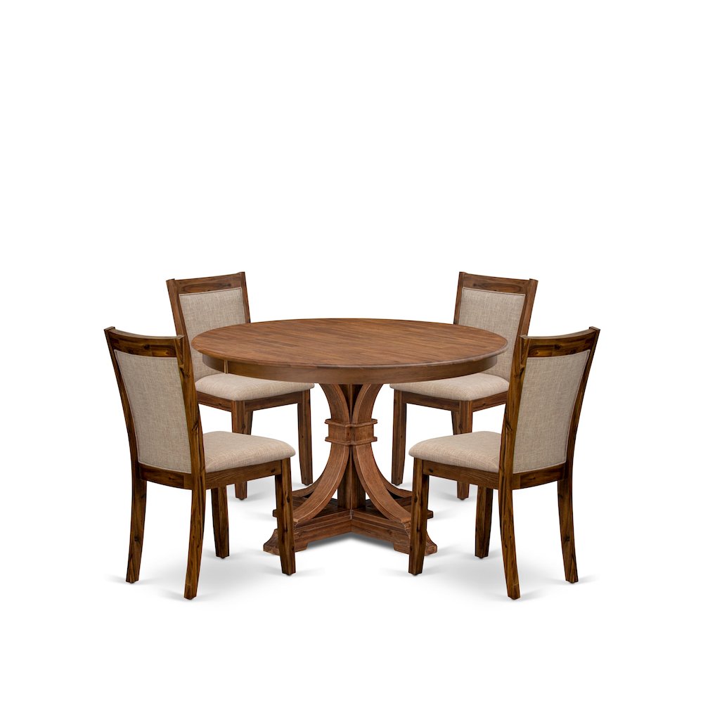 5-Pc Kitchen Table Set A Pedestal Dining Table, 4 Light Tan Fabric Dining Chairs. Picture 1