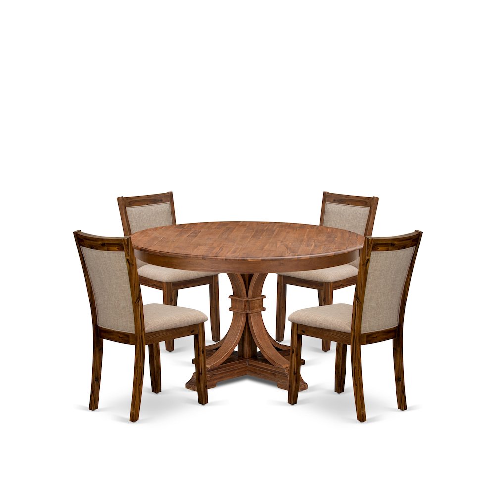5-Pc Dining Table Set A Pedestal Dinner Table, 4 Light Tan Fabric Parson Chairs. Picture 1