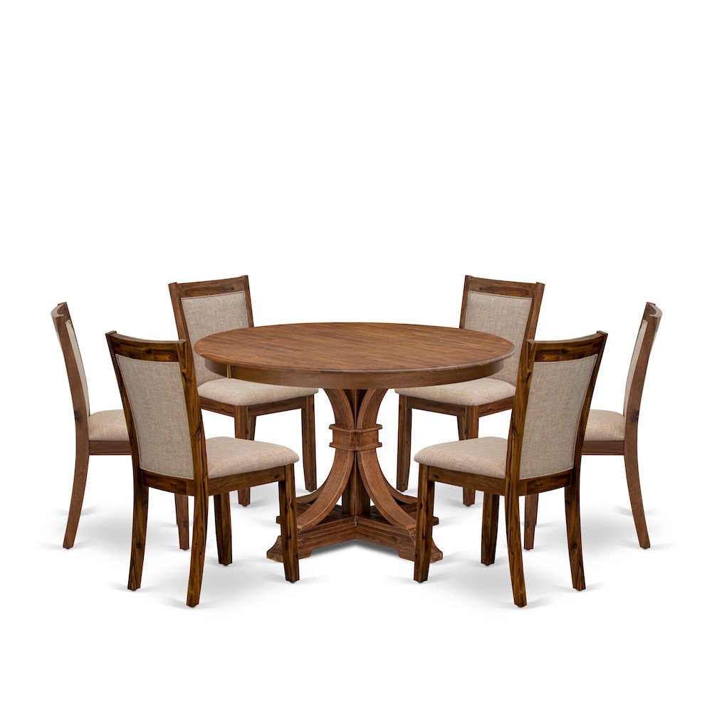 7-Pc Kitchen Set Of A Pedestal Round Table, 6 Light Tan Fabric Dining Chairs. Picture 1