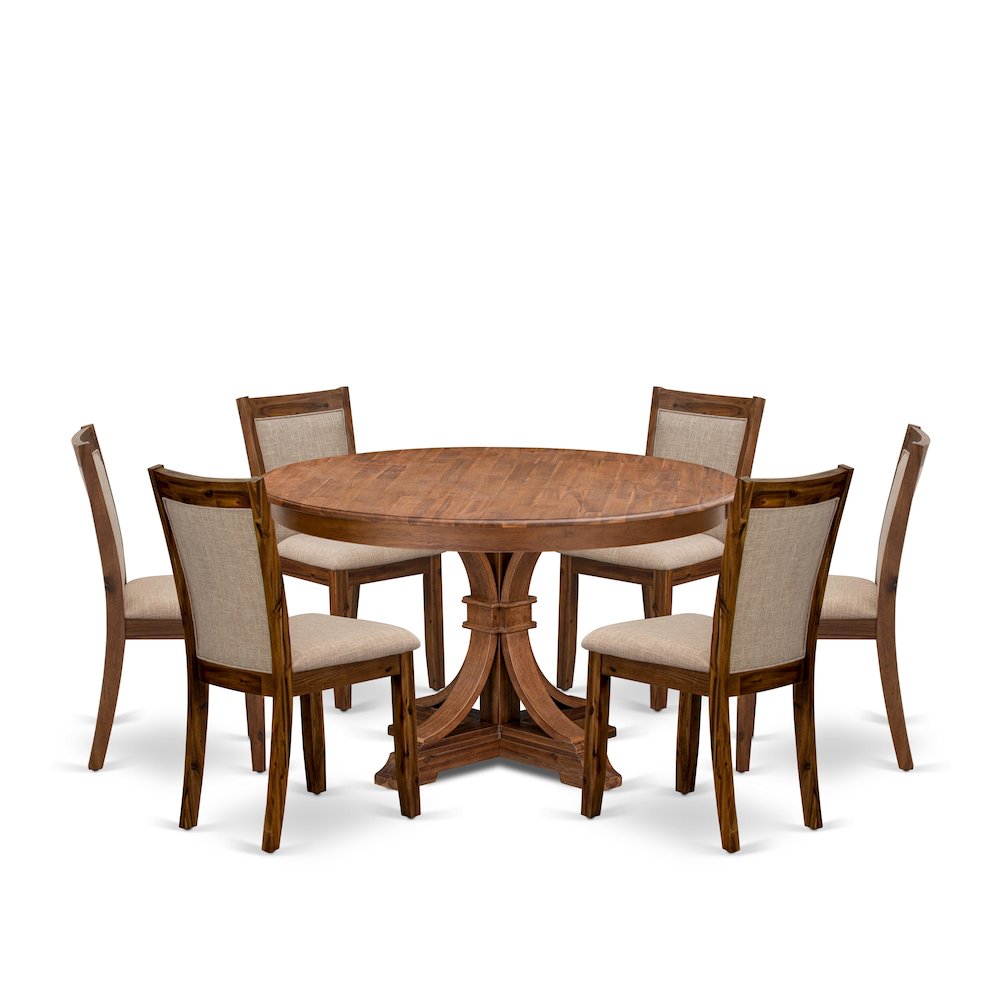 7-Pc Kitchen Table Set Of A Pedestal Kitchen Table, 6 Light Tan Fabric Chairs. Picture 1