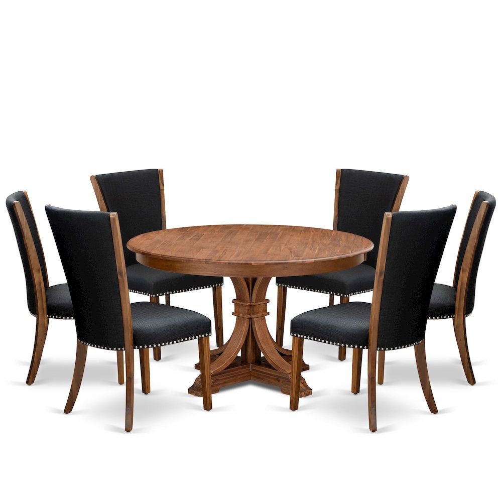 7 Piece Dining Table Set For 6 Contains 54" Round Table In Black Color. Picture 1