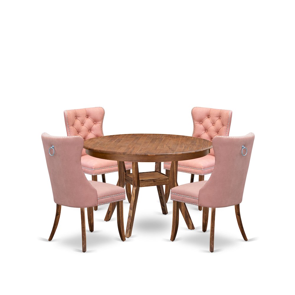 5-Pc Room Set Contain A Wooden Dining Table And 4 Beige Red Parson Dining Chairs. Picture 1