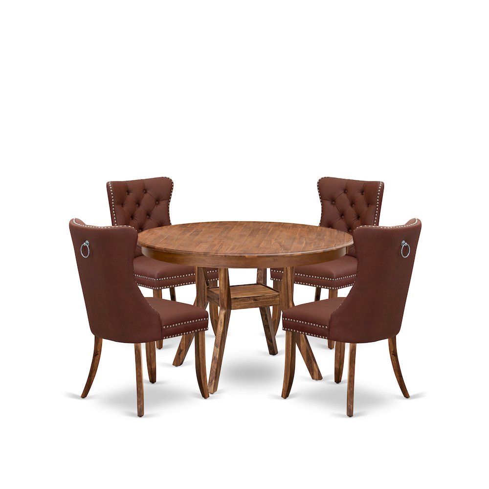 5-Pc Mid Century Dining Set Contain A Table And 4 Burgundy Upholstered Chairs. Picture 1