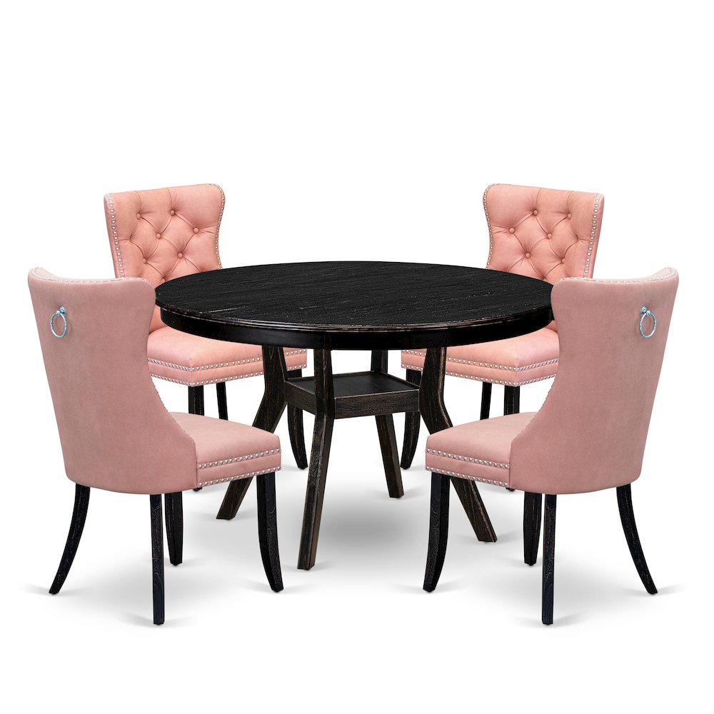 5 Piece Dining Set For 4 Contains 48" Round Table In Beige Red Color. Picture 1