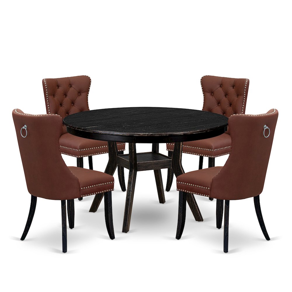 5 Piece Dining Table Set Contains 48" Round Table In Burgandy Color. Picture 1